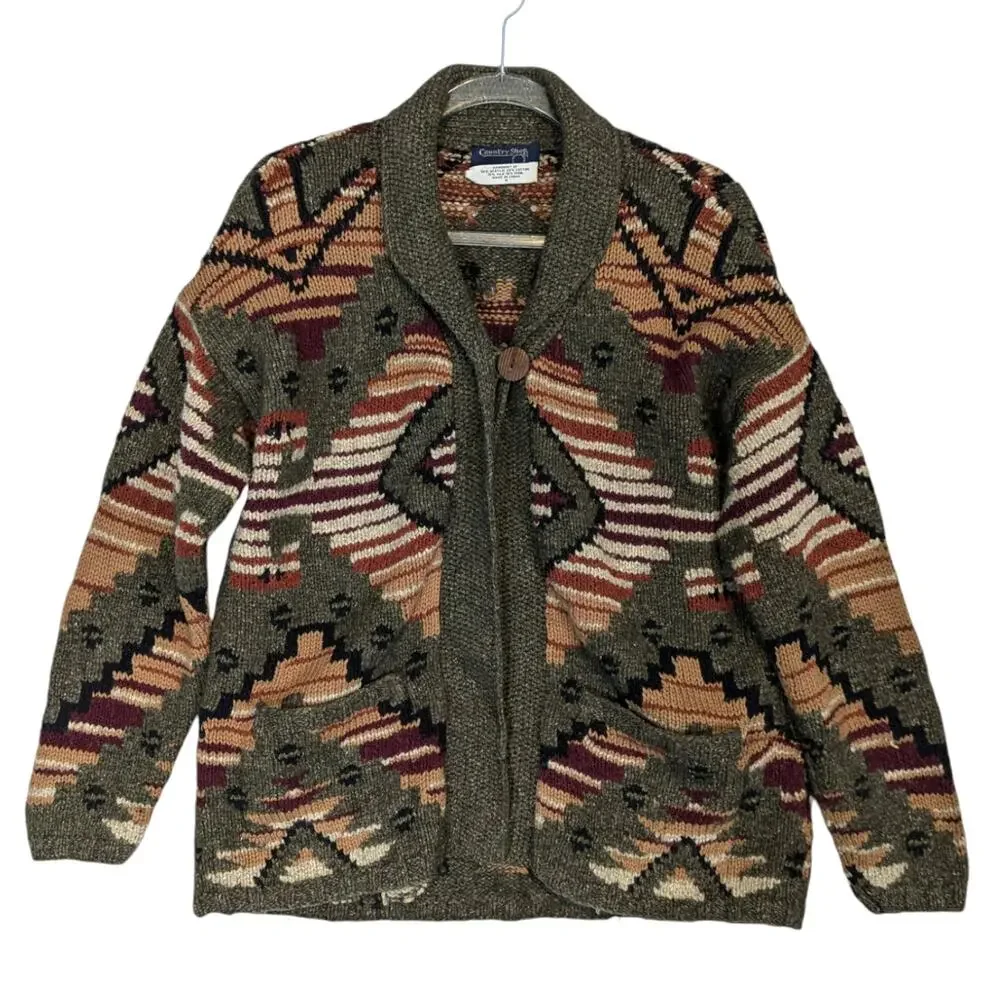 Vintage Country Shop Handknit Southwest Print Chunky Cardigan Sweater Medium